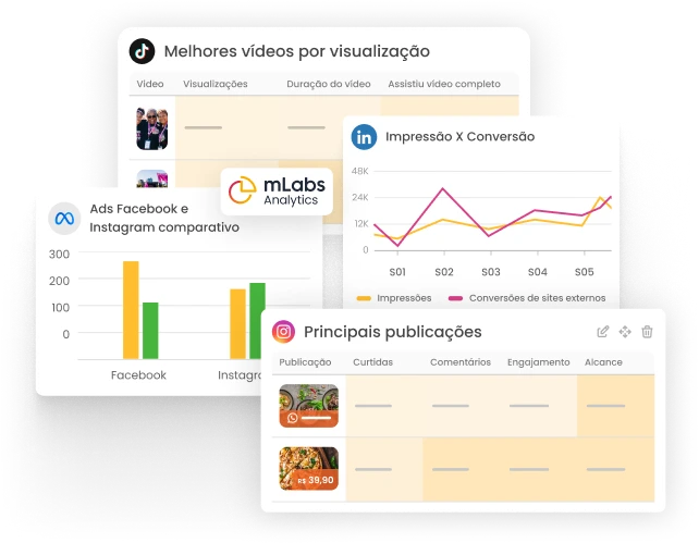 Imagem mostra gráficos de Tiktok, Linkedin, Facebook Ads e Instagram.
