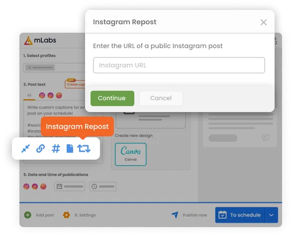 The image shows the mLabs post scheduling screen, highlighting the Instagram Repost button and a box for entering the URL of the post to be republished