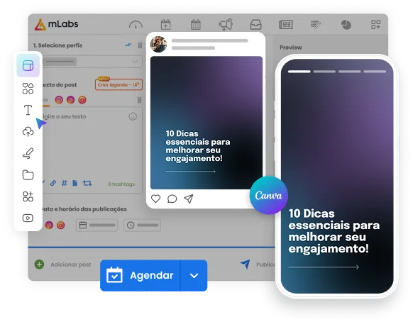 A imagem mostra a tela de agendamento com duas postagens criadas no Canva destacadas dentro da plataforma mLabs.