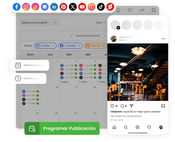 La imagen muestra el calendario de mLabs. Se destaca la vista previa de una publicación para el feed de Instagram, junto con íconos de redes sociales y el botón de programar publicación.