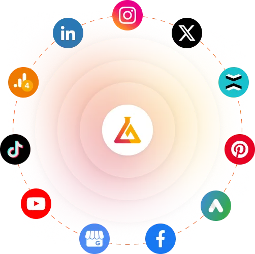 Ícones de diversas plataformas de mídia social aparecem ao redor do ícone do mLabs, posicionado no centro da imagem.