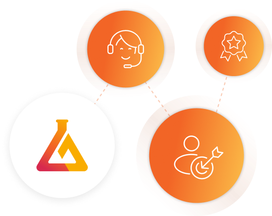 Image shows the mlabs icon along with icons representing customer support