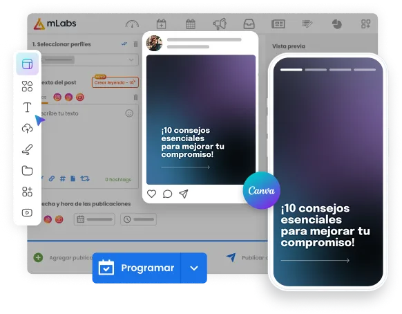 La imagen muestra la pantalla de programación con dos publicaciones creadas en Canva destacadas dentro de la plataforma mLabs.