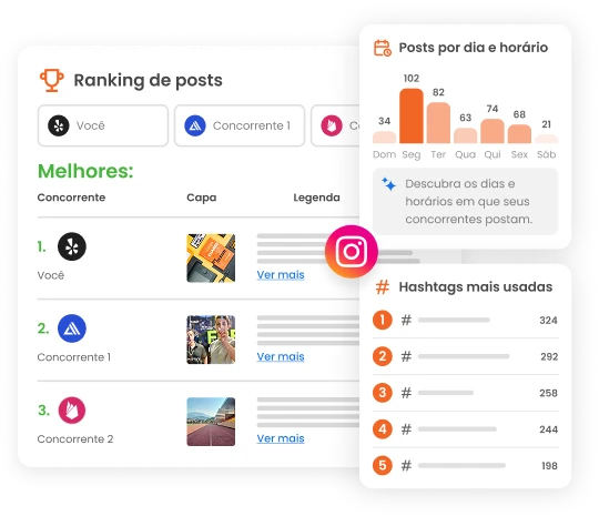Imagem mostra ranking de posts da análise de concorrentes, além da lista das hashtags mais usadas e gráficos de melhores dias e horários para publicar dos concorrentes.