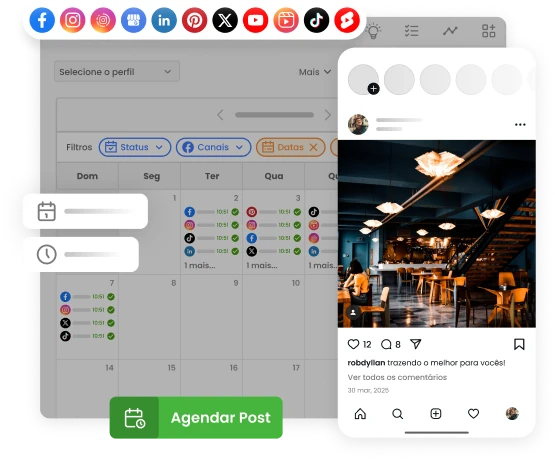 Imagem mostra o calendário da mLabs. Em destaque, a imagem de um post no feed do Instagram, além dos ícones das redes sociais e o botão de agendar post.