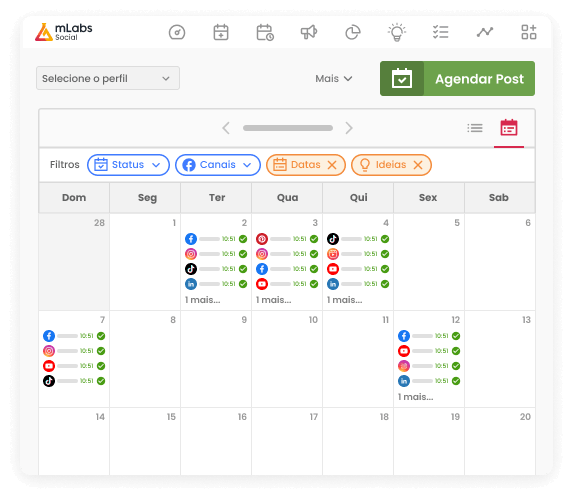 Imagem mostra a tela de calendário de publicações da mLabs com agendamentos para várias redes sociais