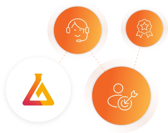 La imagen muestra el ícono de mLabs junto con íconos que representan atención al cliente.