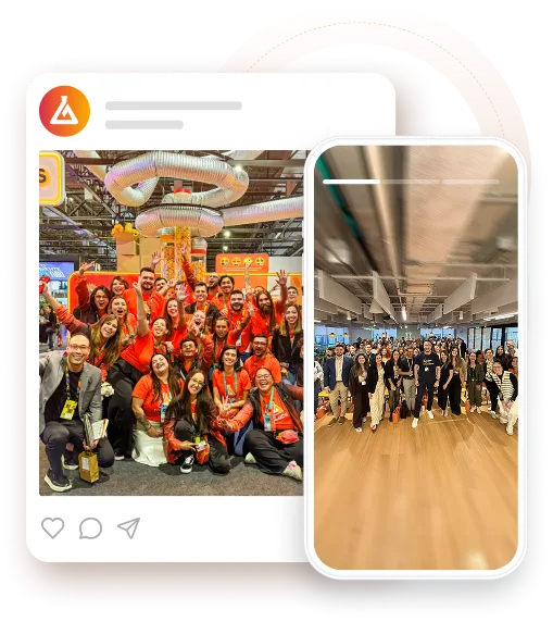 Composition of two photos — one shows the team in front of the mLabs booth at an event, and the other shows the audience and stage at an event where mLabs gave a talk.