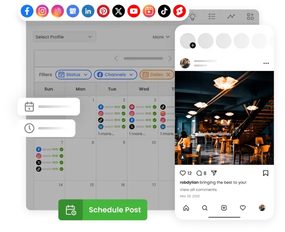 Image shows the mLabs calendar. An Instagram feed post preview is highlighted, along with social media icons and the schedule post button.