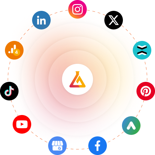 Icons of multiple social media platforms appear around the mLabs icon positioned at the center of the image.