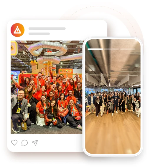 Composición de dos fotos: una muestra al equipo frente al stand de mLabs en un evento; la otra muestra un evento de mLabs Partners con el equipo de mLabs y clientes que forman parte del programa de agencias asociadas de mLabs.