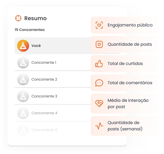 Imagem mostra tela de resumo da análise de concorrentes com tags indicando as principais informações obtidas pela análise (engajamento, quantidade de posts, total de curtidas, etc).