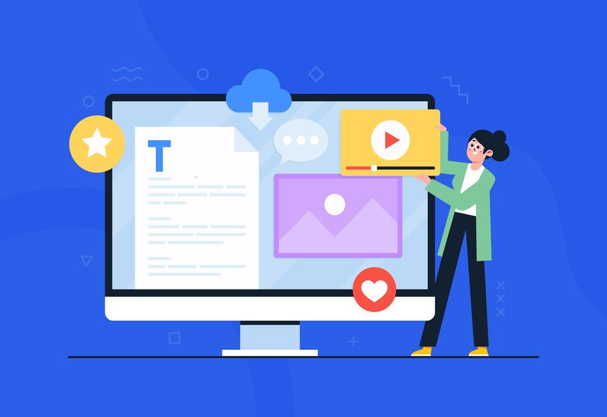 Por que criar um blog: imagem de um notebook onde existem diversos componentes na tela que remete a texto e alguns emojis sobressaindo. Uma mulher está ao lado como se estivesse construindo e organizando esses componentes.