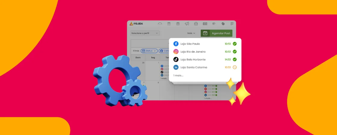 Ferramenta-de-gestão-de-mídias-sociais: ícone de engrenagem e tela calendário mLabs|