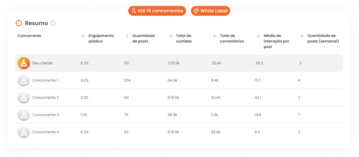 Imagem mostra informações da análise de concorrentes da mLabs como engajamento, quantidade de posts, total de curtidas e comentários, entre outros dados.