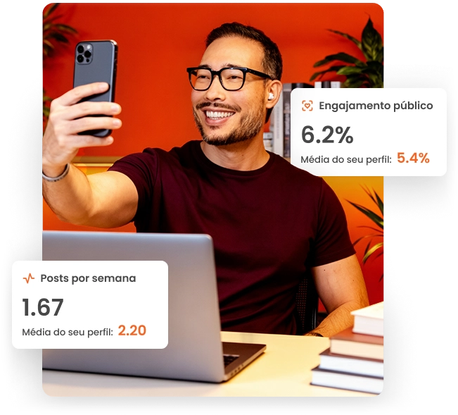 Composição de foto do Rafael Kiso olhando para um celular com imagens de cards de dados da análise de concorrentes da mLabs