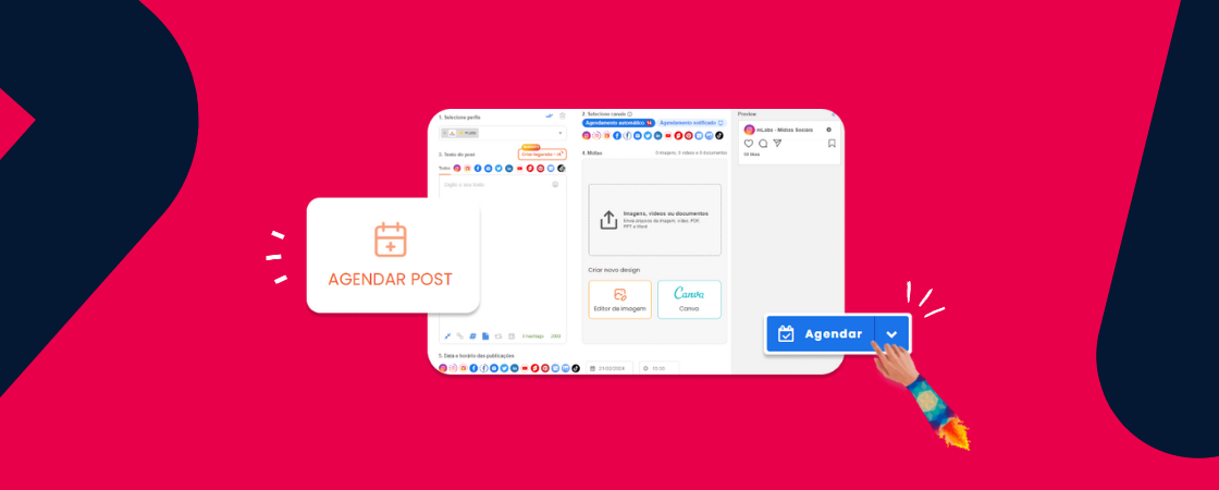 agendamento-de-posts: capa ilustrativa|agendamento-de-post-1: calendário de publicações|agendamento-de-post-6: gráfico melhor dia e horário para postar nas redes sociais|agendamento-de-post-5: tela agendamento de posts mlabs|agendamento-de-post-4: cadastrar conta mLabs|agendamento-de-post-3: criar conta mlabs|agendamento-de-post-2: dashboard mlabs