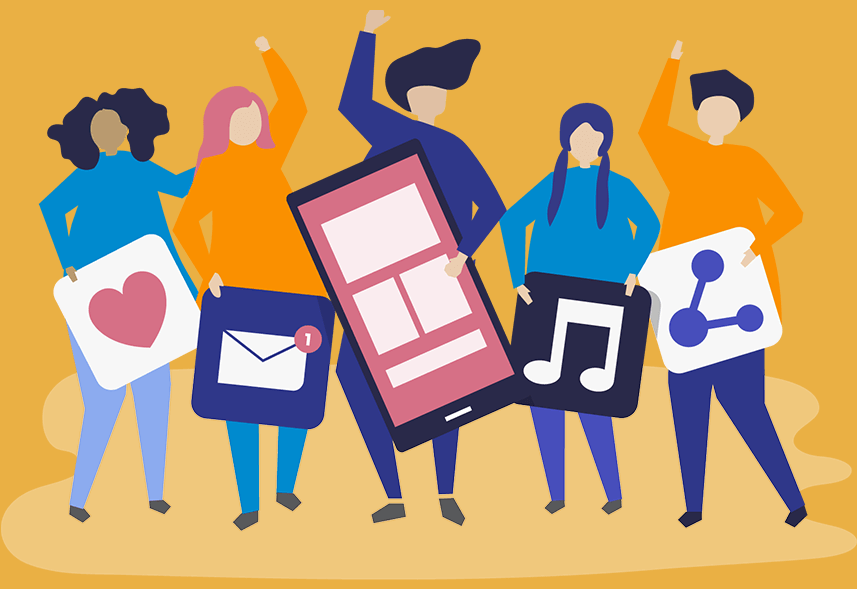 E-mail marketing e redes sociais: imagem de várias pessoas desenhadas segurando ícones de e-mail