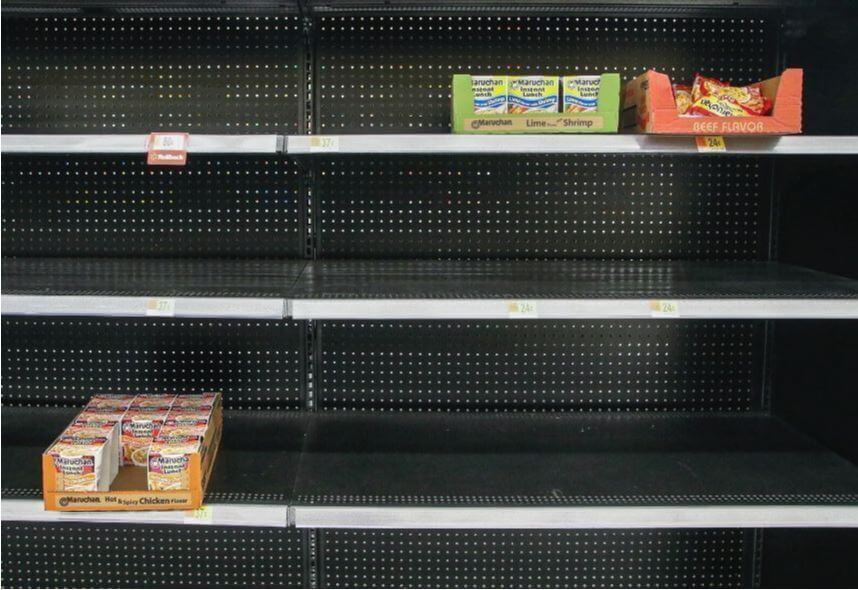 Gestão de crise: imagem de uma prateleira de supermercado com poucos produtos disponíveis