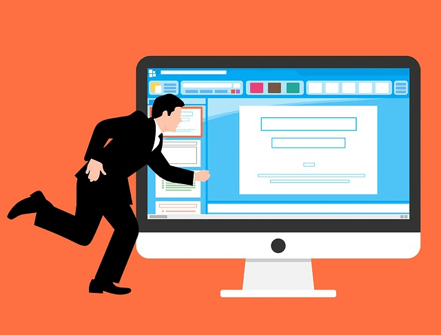 Landing Page exemplos: imagem em formato de desenho de um homem andando na frente de um monitor de computador com uma landing page aparecendo na tela