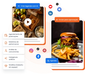 Imagem mostra ícones de várias redes sociais em torno de 2 posts com destaque para funcionalidades da mLabs