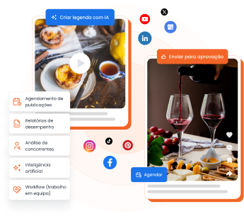 Imagem mostra ícones de várias redes sociais em torno de 2 posts com destaque para funcionalidades da mLabs