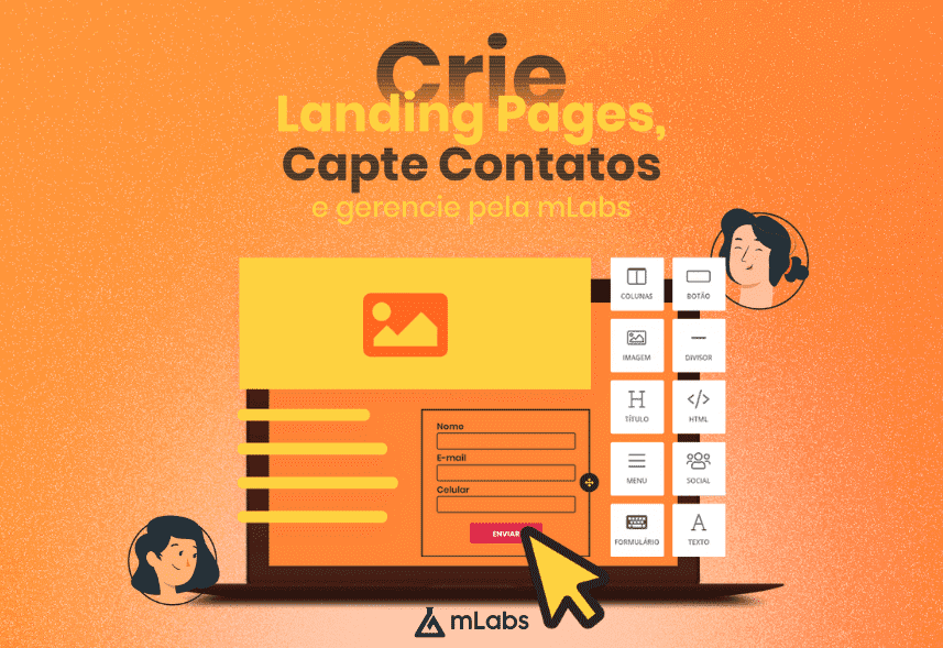 mlabs pages: imagem de um notebook com elementos saindo da tela com o plano de fundo na cor laranja