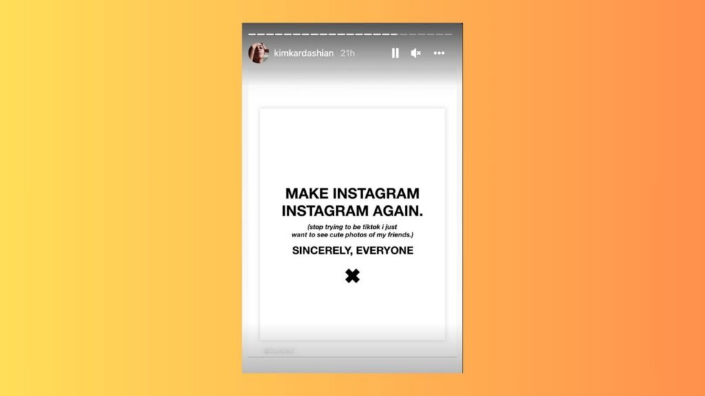 Adam Mosseri 3 Story da conta oficial de Kim Kardashian no Instagram pedindo para a rede social “voltar a ser o Instagram” de antigamente.