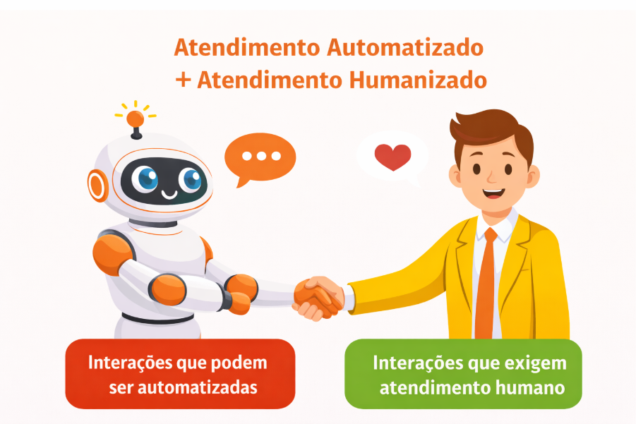 Inbox Unificada 2 A imagem mostra um robô cumprimentando um humano. Acima, a frase Atendimento Automatizado + Atendimento Humanizado.