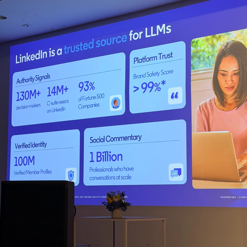 Marketing B2B Inteligência Artificial 2 Imagem de um slide que mostra que o LinkedIn é uma fonte confiável para LLMs.