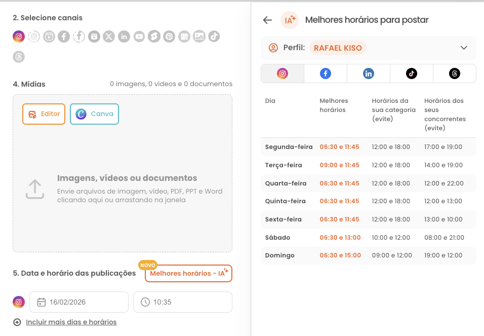 A imagem é um print da funcionalidade "Melhores Horários para Postar" da mLabs Social.
