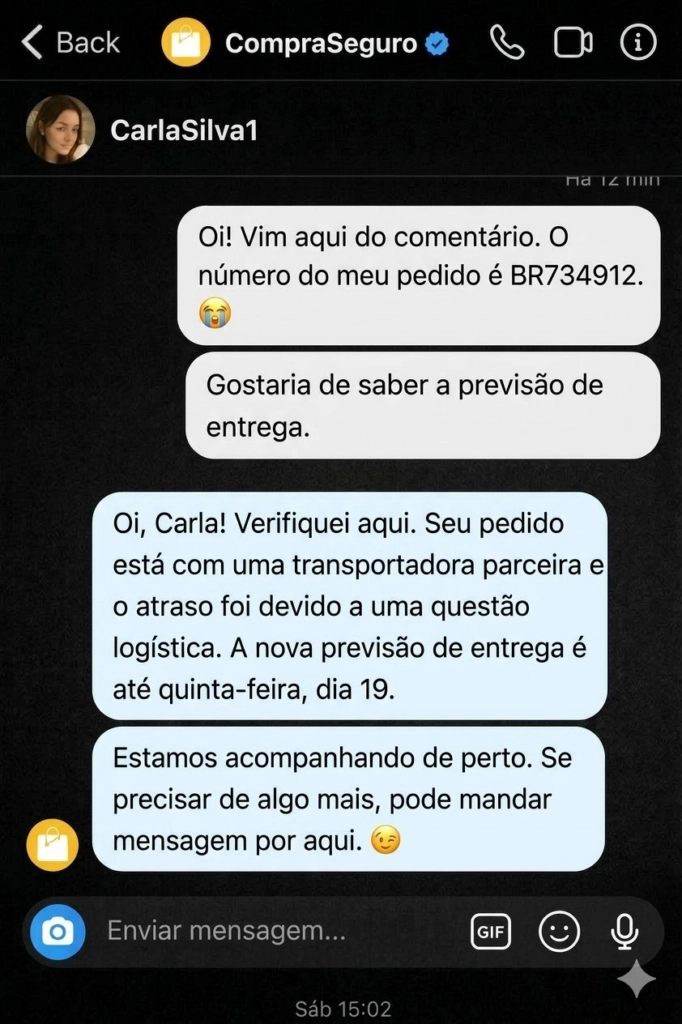 Na imagem, uma empresa responde a uma mensagem direta nas redes sociais, um exemplo de SAC pelo Instagram.
