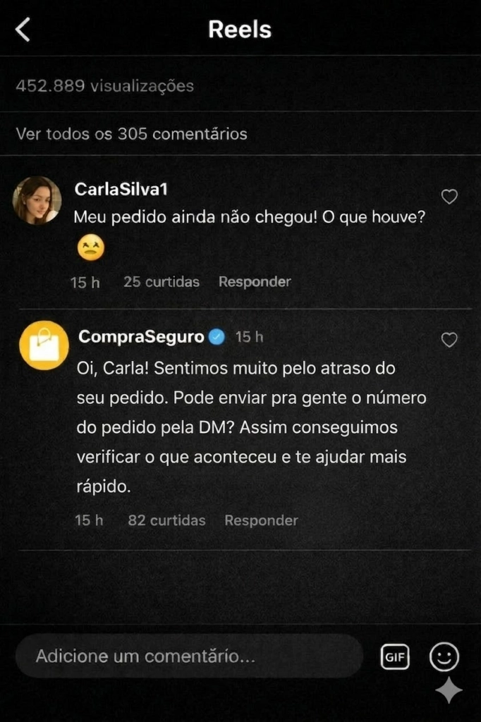 Na imagem, uma empresa responde a um comentário nas redes sociais, um exemplo de SAC pelo Instagram.