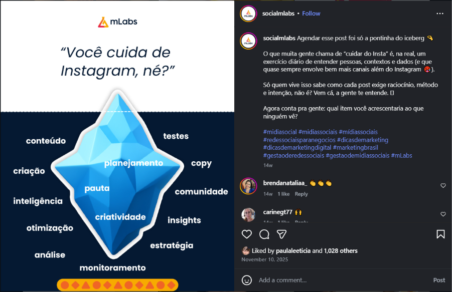 Post no Instagram da mLabs Social.