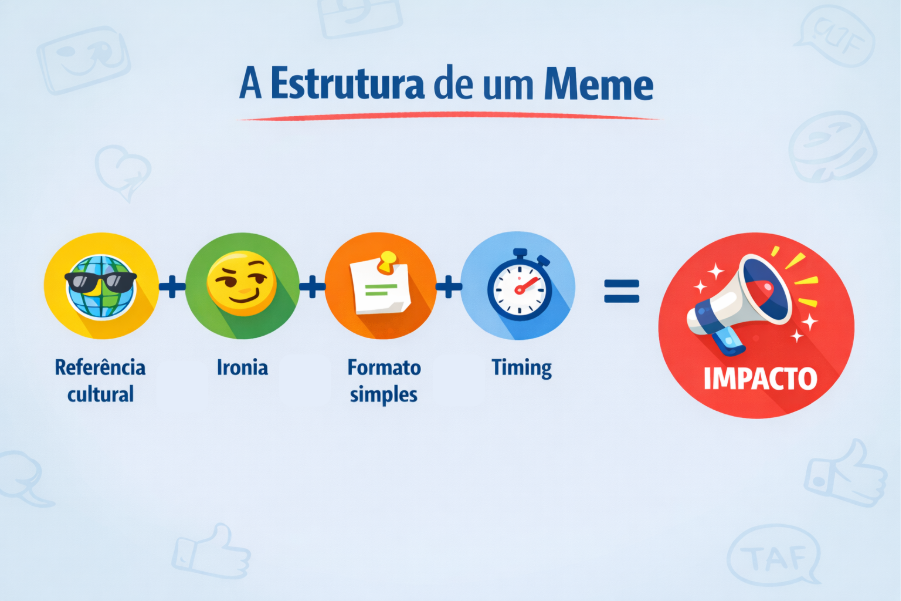 Infográfico: A Estrutura de um Meme: Referência cultural + Ironia + Formato simples + Timing = Impacto.