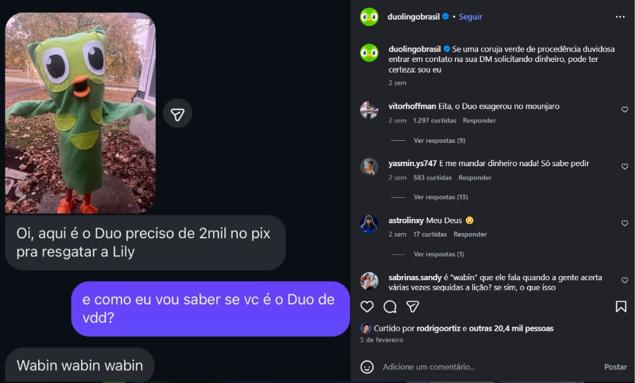 Meme postado pelo perfil do Duolingo Brasil.