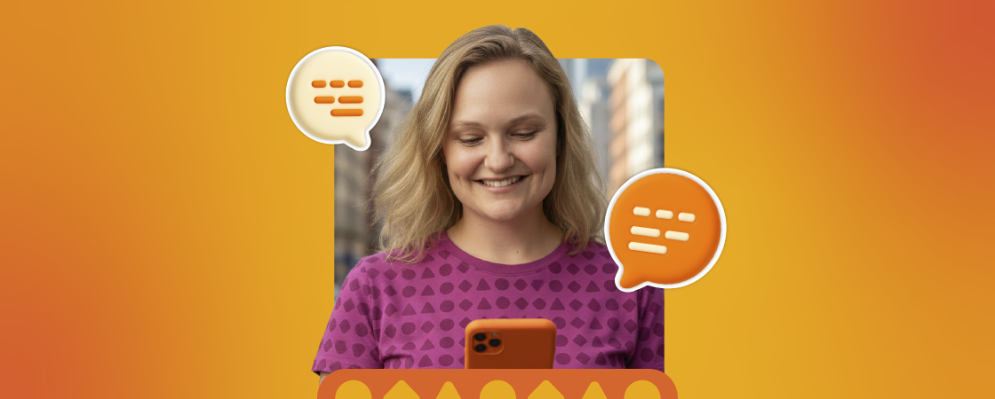 Representação do Chat Marketing: uma mulher está conversando com uma empresa por meio do celular.