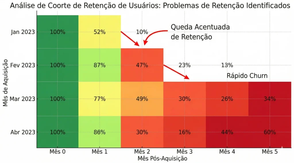 Mapa de calor de retenção de usuários com queda ao longo dos meses