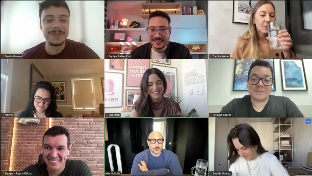Registro da reunião online feita por Rafael Kiso e outros influenciadores digitais com Alex Schultz.