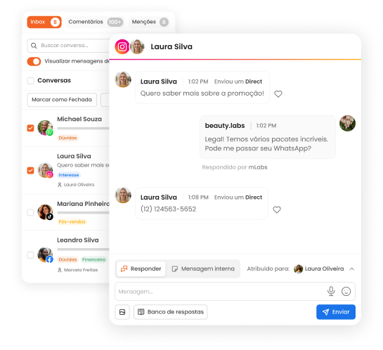 Interface da mLabs Chat com inbox unificado exibindo conversa no Instagram e lista de atendimentos para organizar mensagens e leads Design mLabs 7 days ago