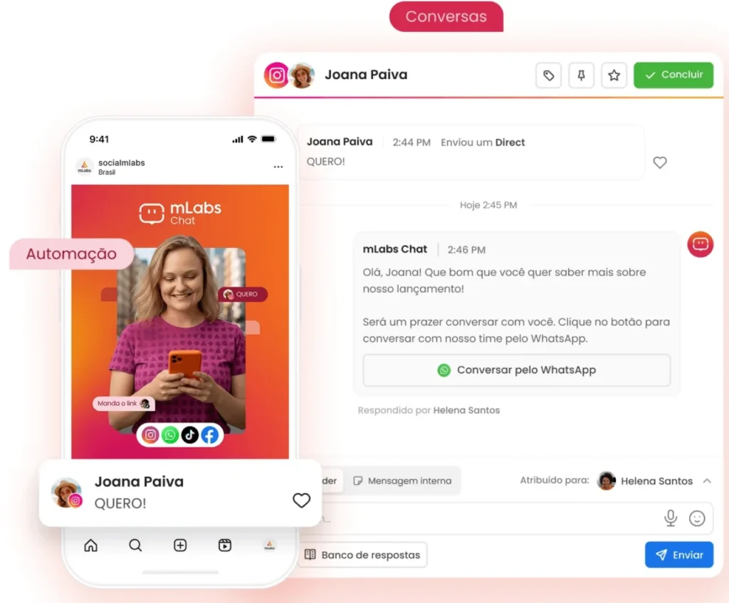 automacao-mensagens-mlabschat Exemplo de conversa gerenciada dentro da mLabs Chat.