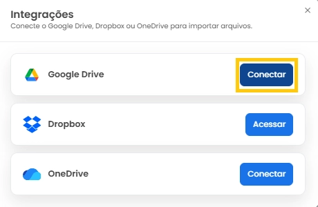 Box de integrações mLabs – Google Drive Integração com Google Drive, com destaque para o botão "Conectar".