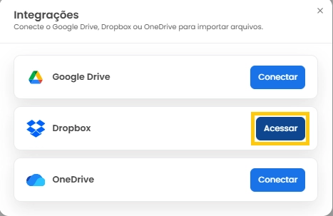 Box integrações mLabs – Dropbox Integração com Dropbox, com destaque para o botão "Acessar".