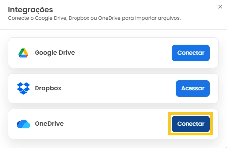 Box integrações mLabs – OneDrive Integração com OneDrive, com destaque para o botão "Conectar".