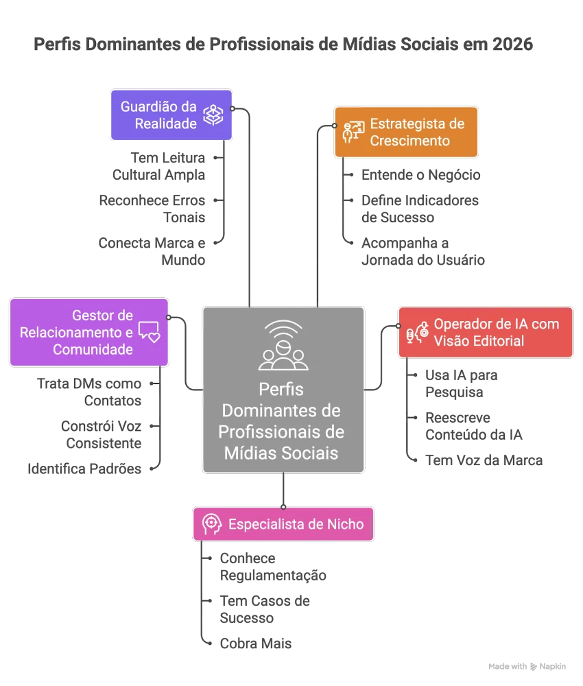 Os cinco perfis dominantes de profissionais de mídias sociais: guardião da realidade, estrategista de crescimento, gestor de relacionamento e comunidade, operadorde IA com visão editoral e especialista de nicho.