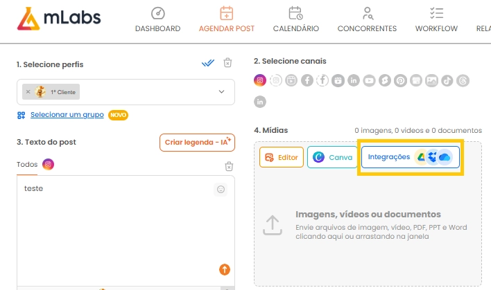 Seção agendar mLabs – botão integrações Botão de integrações dentro da seção "Agendar post" na mLabs.