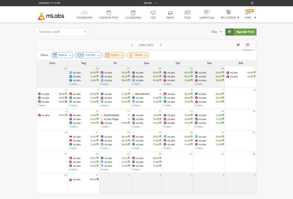 image Amostra de um calendário mensal de publicações (maio/2021) preenchido dentro da mLabs.