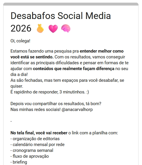 desabafo social media 2026 Cabeçalho do formulário 'Desabafos Social Media 2026'.