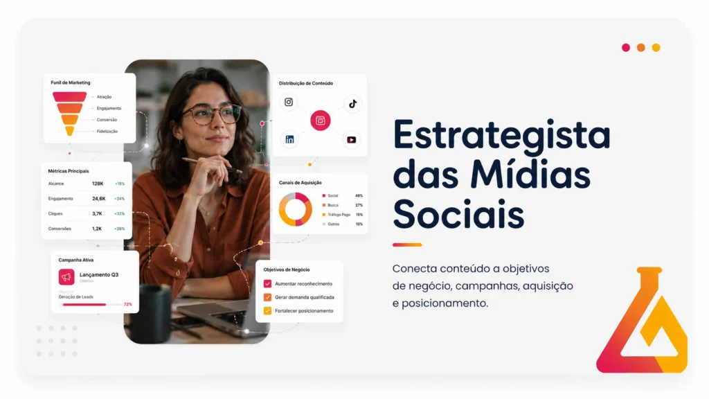estrategista das midias sociais Estrategista das mídias sociais: conecta conteúdo a objetivos de negócio, campanhas, aquisição e posicionamento.