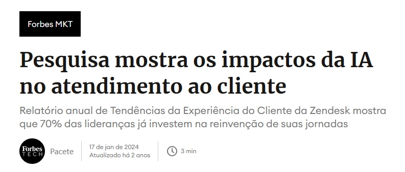 pesquisa forbes Manchete da Forbes sobre impacto da IA numa central de atendimento digital.